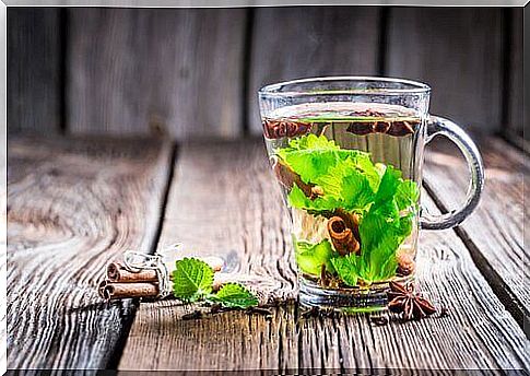 Glass of cinnamon and eucalyptus tea