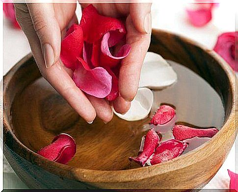 A bowl of rose water