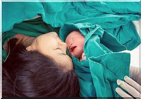 A mother and baby after a cesarean section